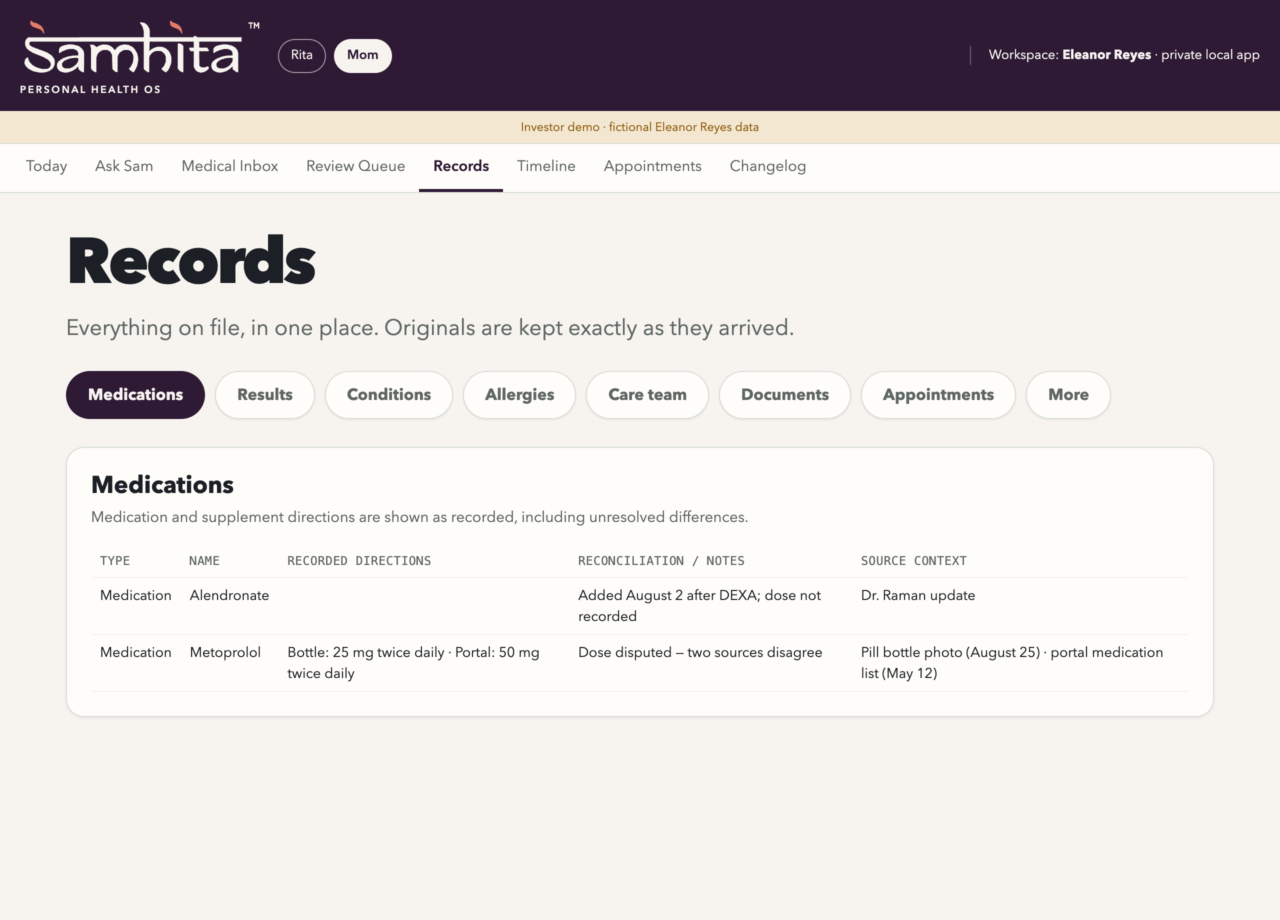 Current Samhita medication record for fictional patient Eleanor Reyes, preserving both the pill-bottle and portal metoprolol doses and identifying the conflict.