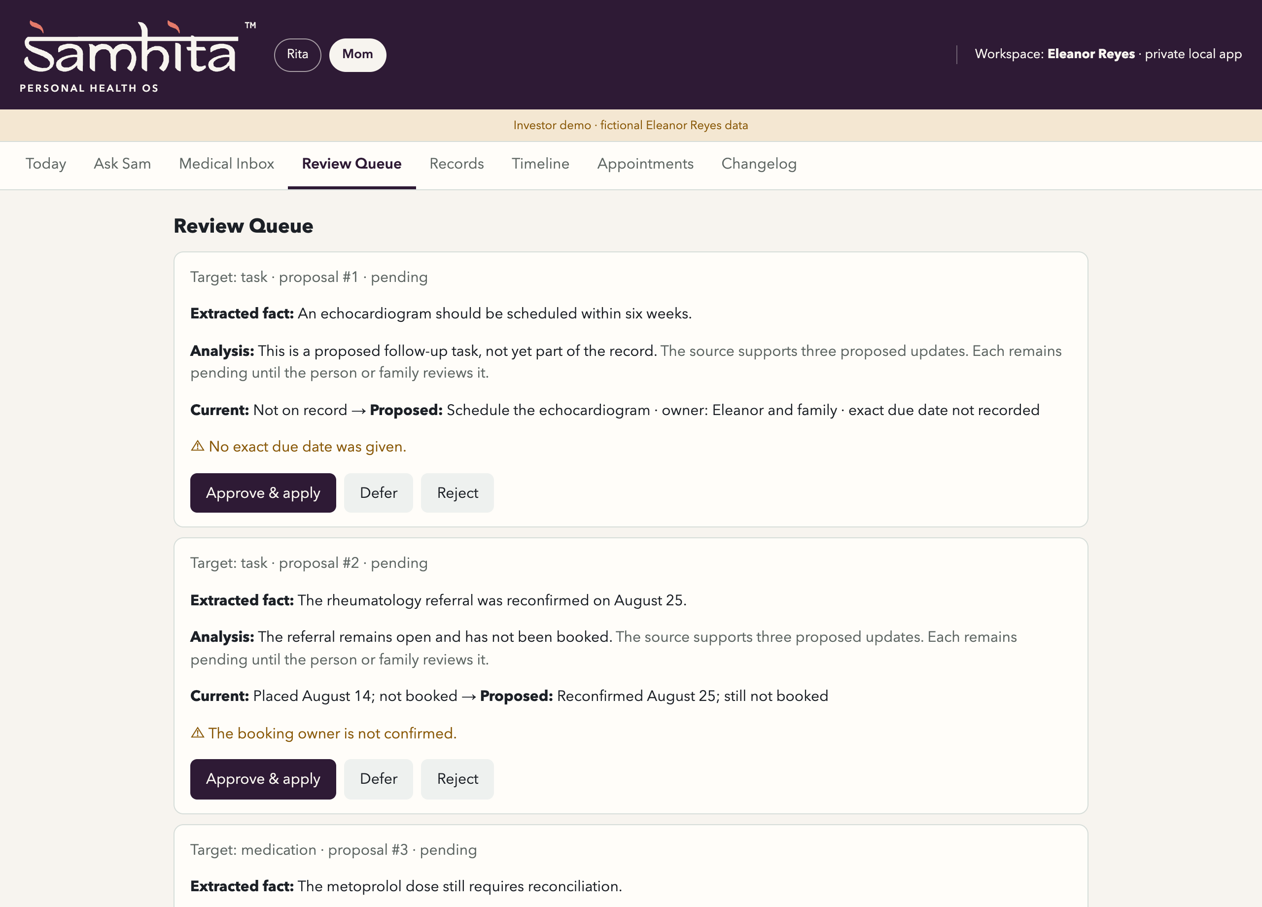 Current Samhita Review Queue for fictional patient Eleanor Reyes, showing proposed follow-up tasks and medication reconciliation awaiting approval.