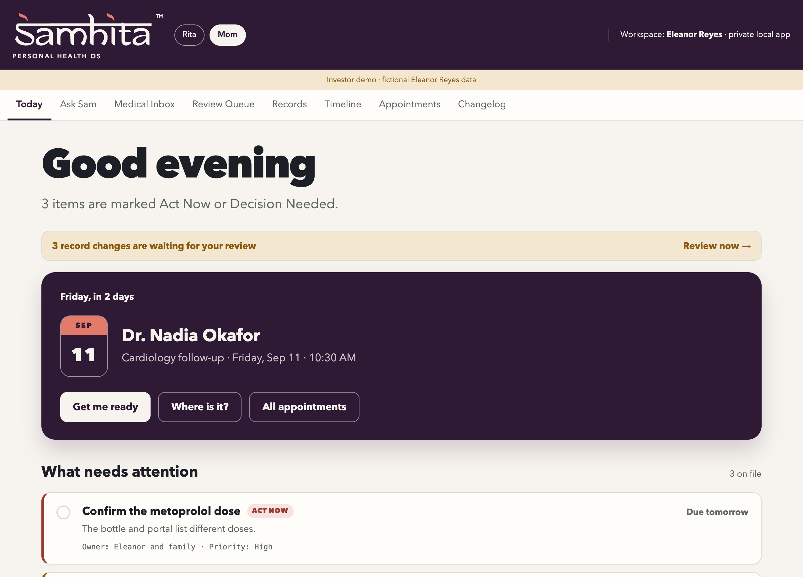 Current Samhita Today dashboard for fictional patient Eleanor Reyes, showing an upcoming cardiology appointment, three open actions, and a pending-review notice.